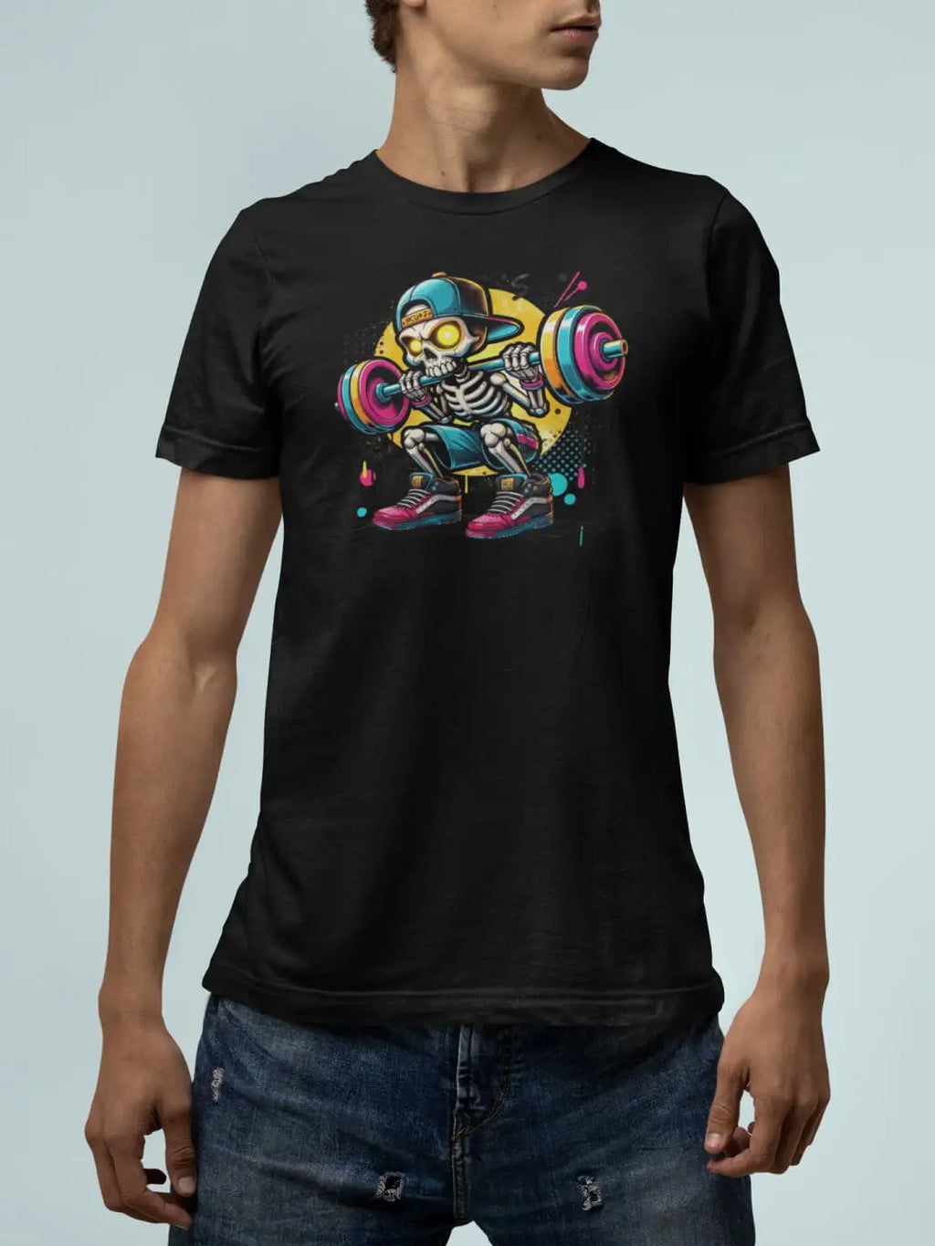 Men’s black short-sleeved t-shirt with a colorful cartoon skeleton lifting weights graphic