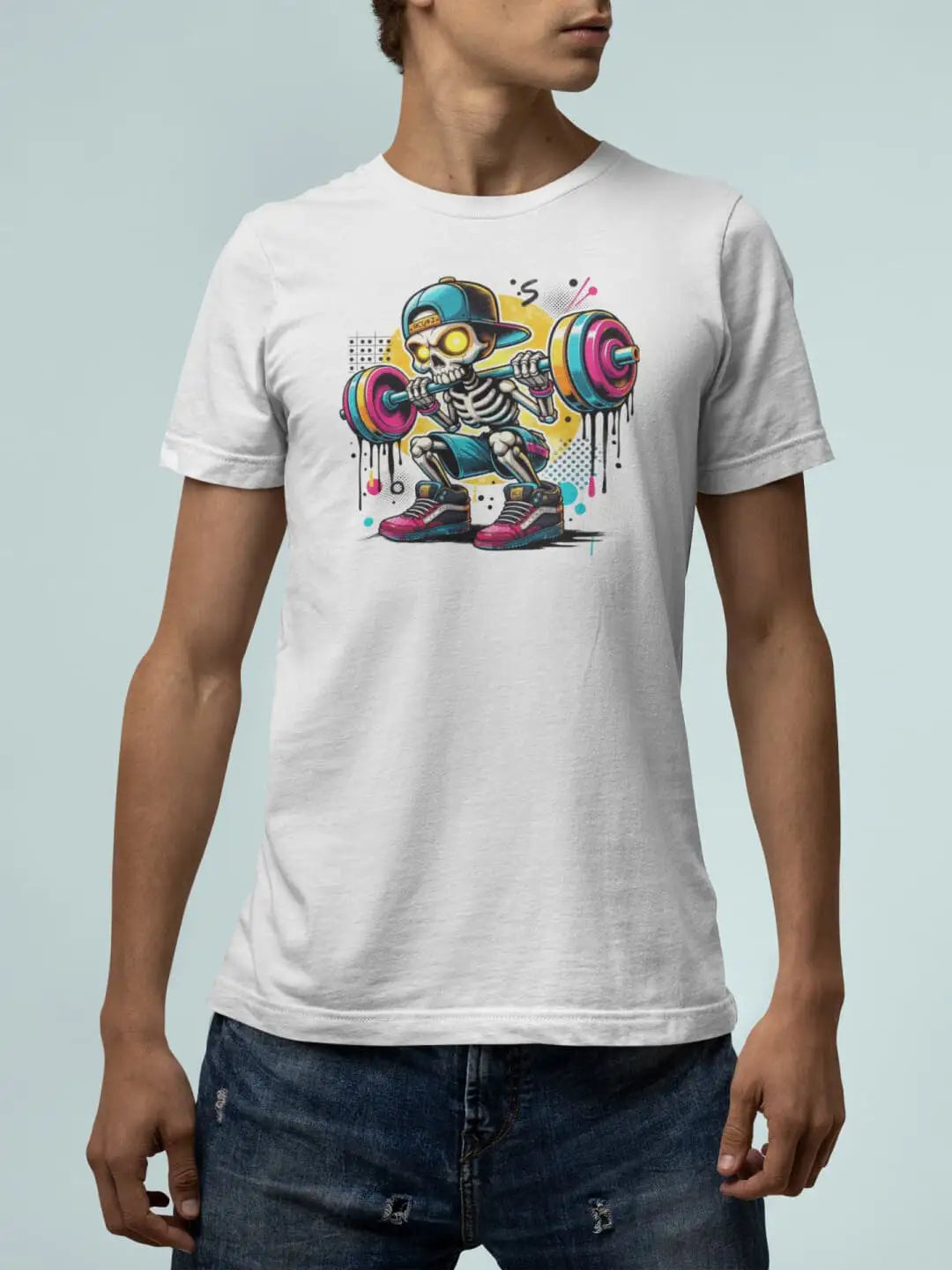 A white short-sleeved t-shirt with a colorful graphic of a skeleton lifting weights