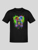 Black short-sleeved t-shirt with a colorful, paint-splattered teddy bear graphic