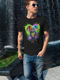 A black short-sleeve t-shirt with a colorful, paint-splattered teddy bear design on the front