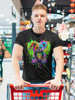 Man in a black t-shirt with a colorful teddy bear design