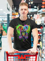 Man in a black t-shirt with a colorful teddy bear design