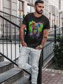 Men’s black short-sleeve t-shirt with a colorful teddy bear graphic