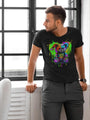 Men’s black short-sleeve t-shirt with a colorful teddy bear design