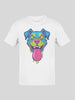 White short-sleeved t-shirt with a colorful, cartoon-style dog face graphic
