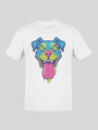 White short-sleeved t-shirt with a colorful, cartoon-style dog face graphic