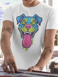 White t-shirt with a colorful, cartoonish dog face design