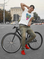Men’s white graphic t-shirt with a blue and pink dog design