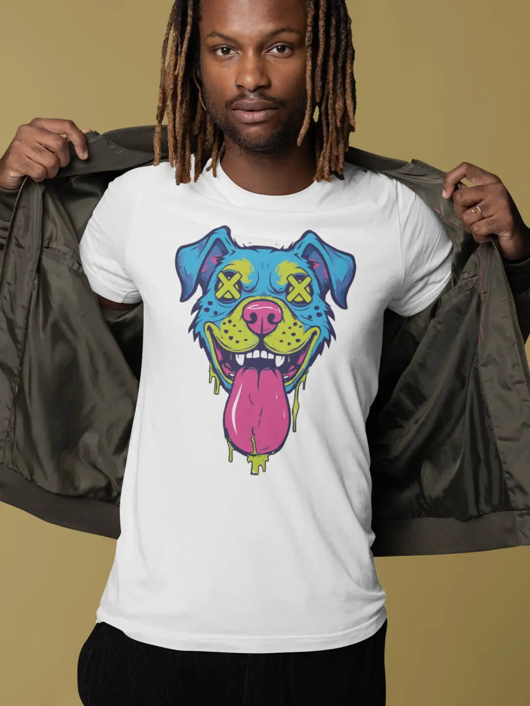 White t-shirt with a blue cartoon dog face and pink tongue