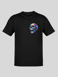 Black crewneck t-shirt with a colorful, dripping skull graphic on the left chest.