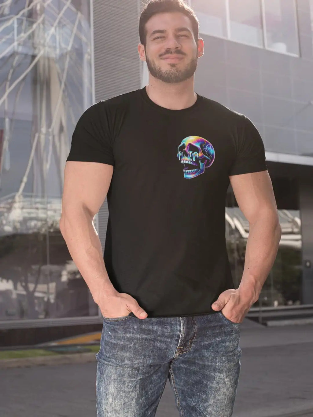A black short-sleeved t-shirt with a colorful skull graphic on the left chest.