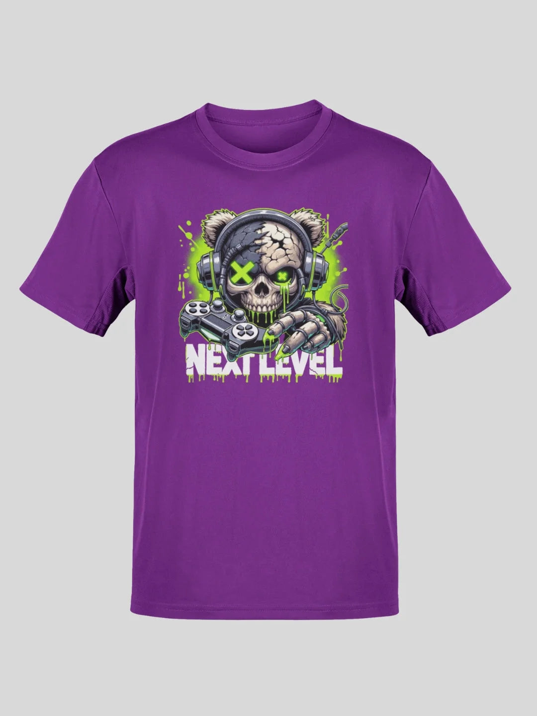 Purple short-sleeved t-shirt featuring a graphic of a skull with bear ears, headphones, and a gaming controller