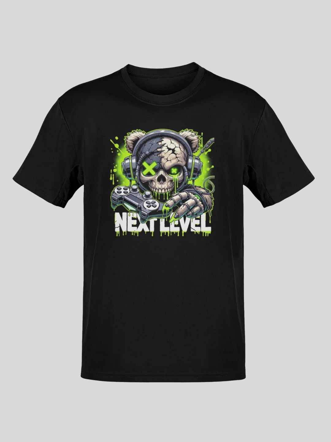 Black short-sleeved t-shirt featuring a vibrant graphic of a skull with bear ears, green glowing eyes, and headphones holding a gaming controller, with the text ’next level’ below