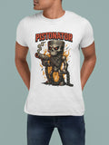Men's white graphic t-shirt with a piston-headed skeleton holding a gun.