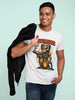 Men's white graphic t-shirt with a black jacket draped over the shoulder.