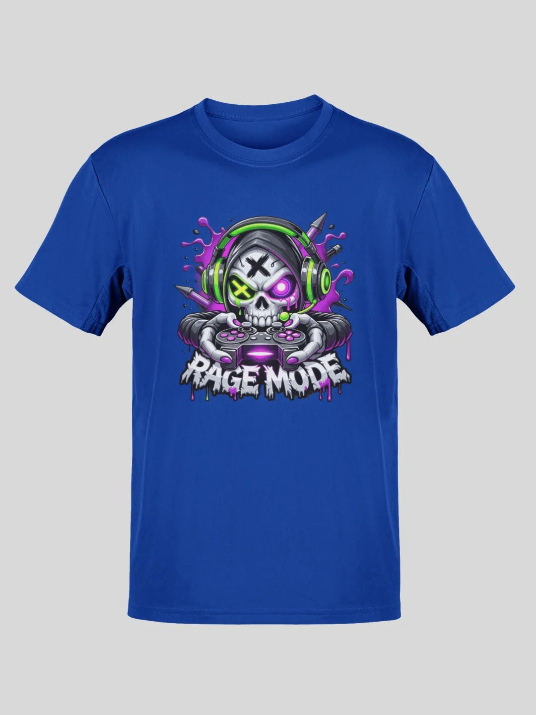 Royal blue cotton t-shirt featuring a vibrant graphic of a skull wearing green headphones and holding a game controller, with the words ’rage mode’ dripping below in stylized lettering