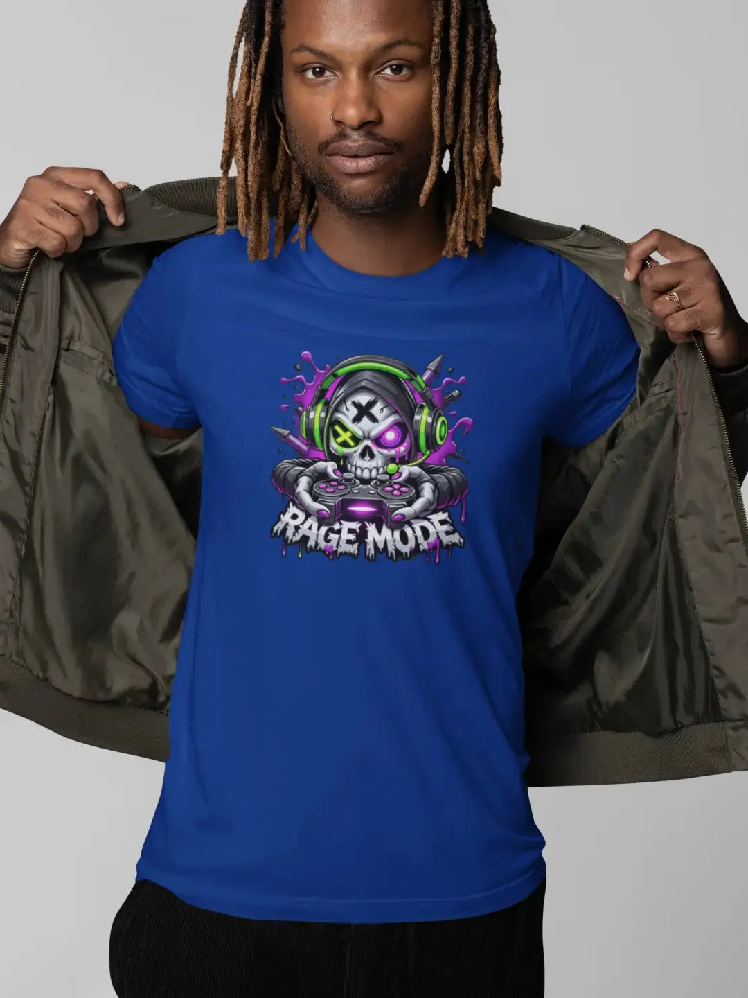 Blue cotton t-shirt featuring a vibrant graphic of a skull wearing green headphones and holding game controllers, with the text ’rage mode’ below in stylized lettering