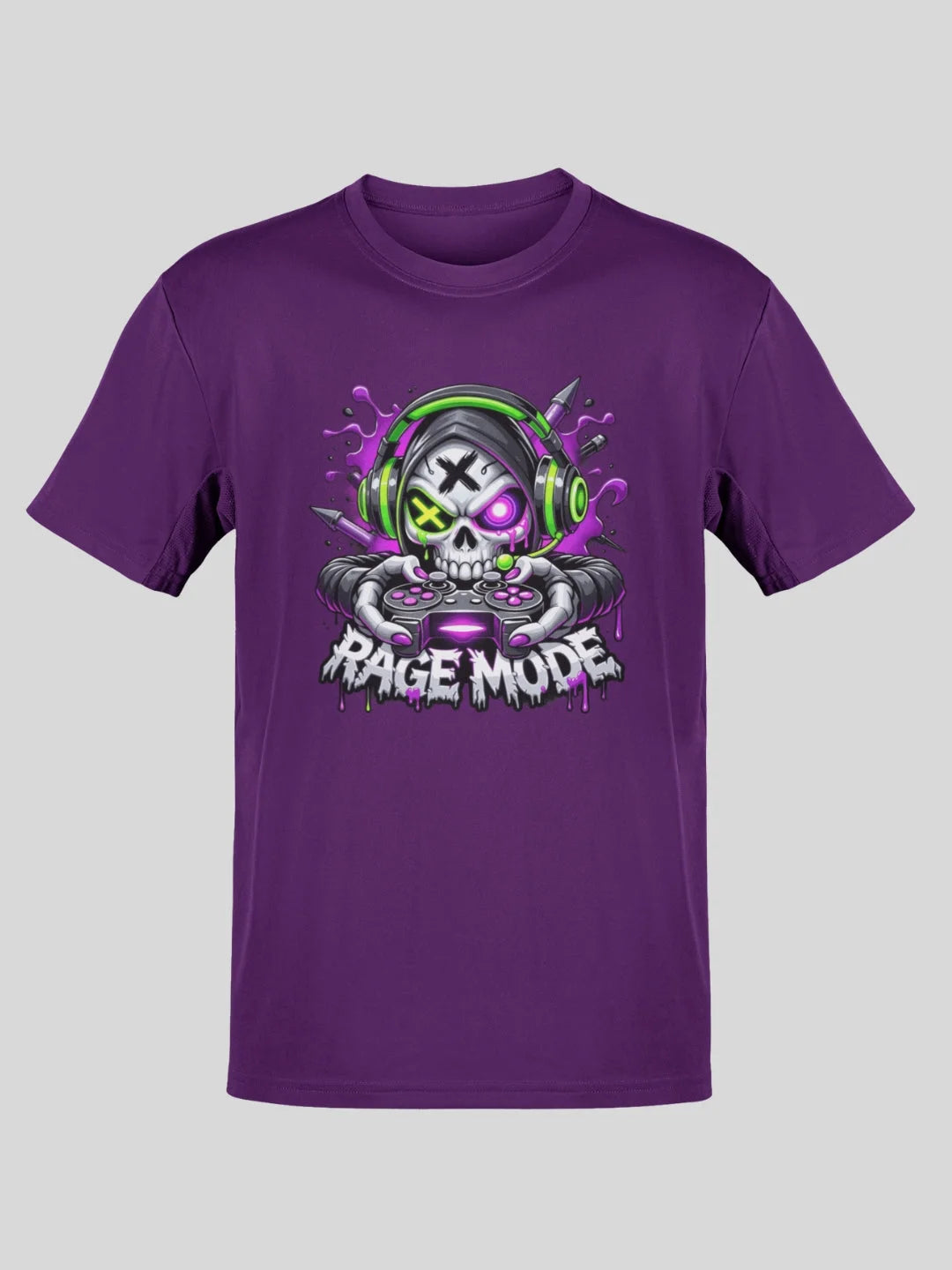 Purple t-shirt featuring a vibrant graphic of a skull wearing green headphones and holding a game controller, with the text ’rage mode’ below