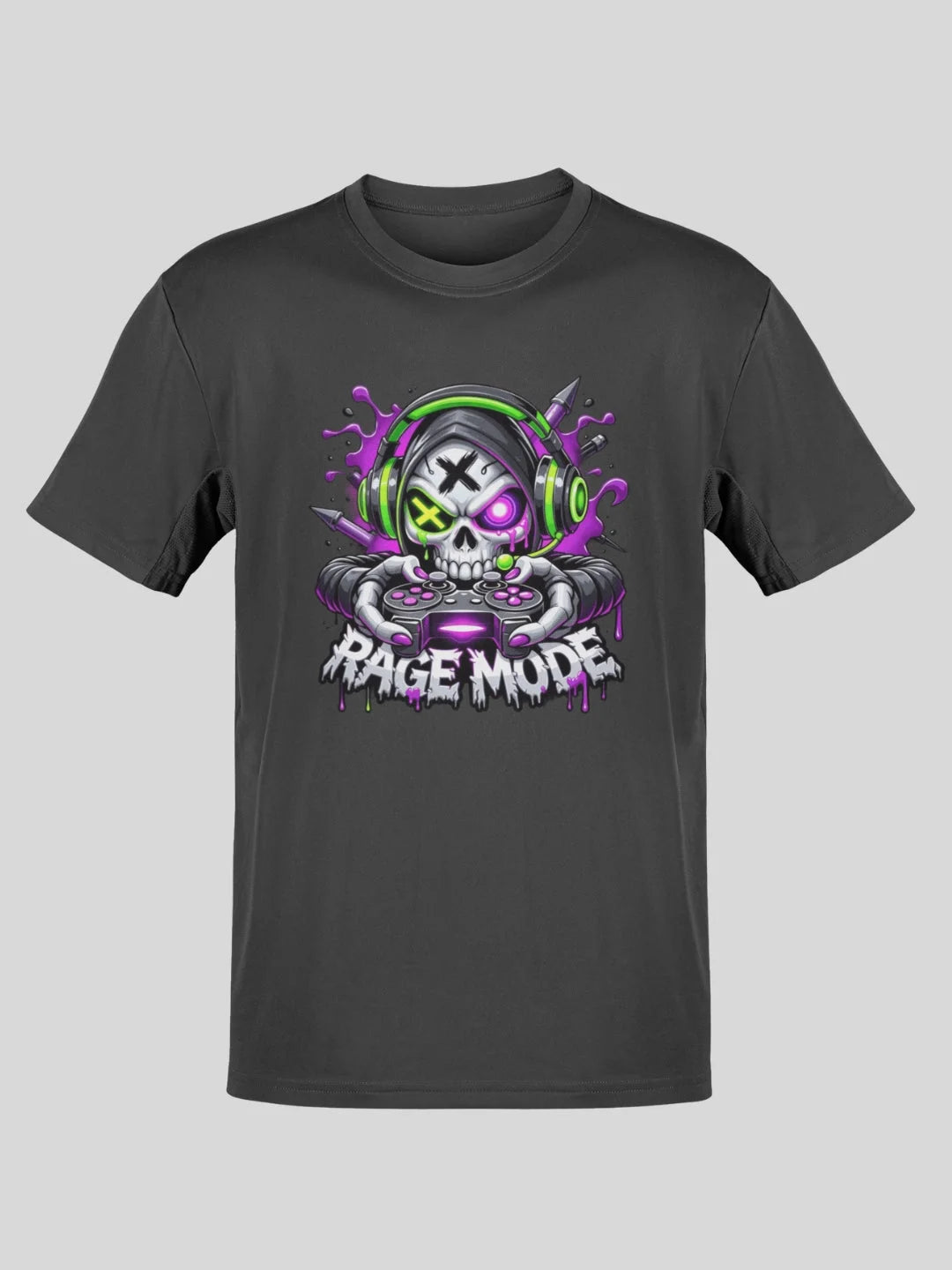 Dark gray t-shirt featuring a vibrant graphic of a skull wearing green headphones and holding a controller, with the words ’rage mode’ dripping below in white graffiti-style lettering