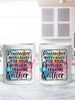 Two white ceramic mugs with a colorful, sarcastic design.