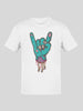 White short-sleeved t-shirt with a zombie hand making a rock-and-roll gesture.