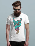A men's white t-shirt with a zombie hand making a "rock on" gesture.