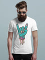 A men's white t-shirt with a zombie hand making a 