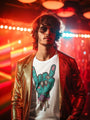 White t-shirt with a zombie hand rock and roll gesture graphic.