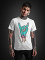 White short-sleeve t-shirt with a zombie hand making a rock and roll gesture.