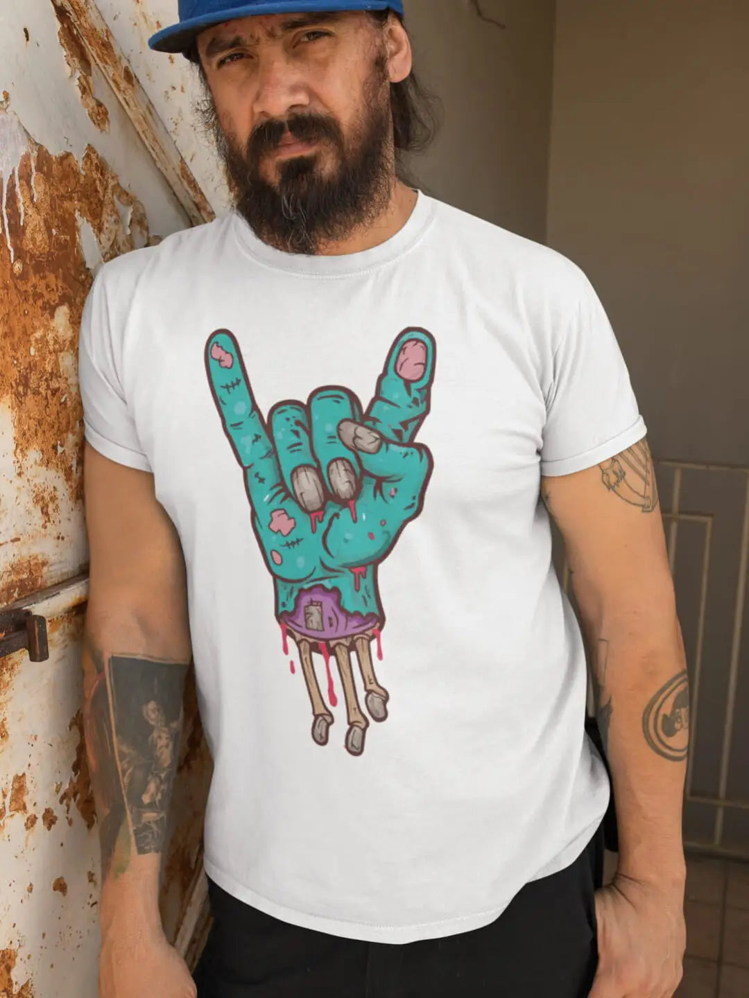 White short-sleeved t-shirt with a zombie hand making a "rock on" gesture.