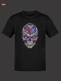 Black t-shirt featuring a vibrant, psychedelic skull design with cosmic patterns and glowing colors