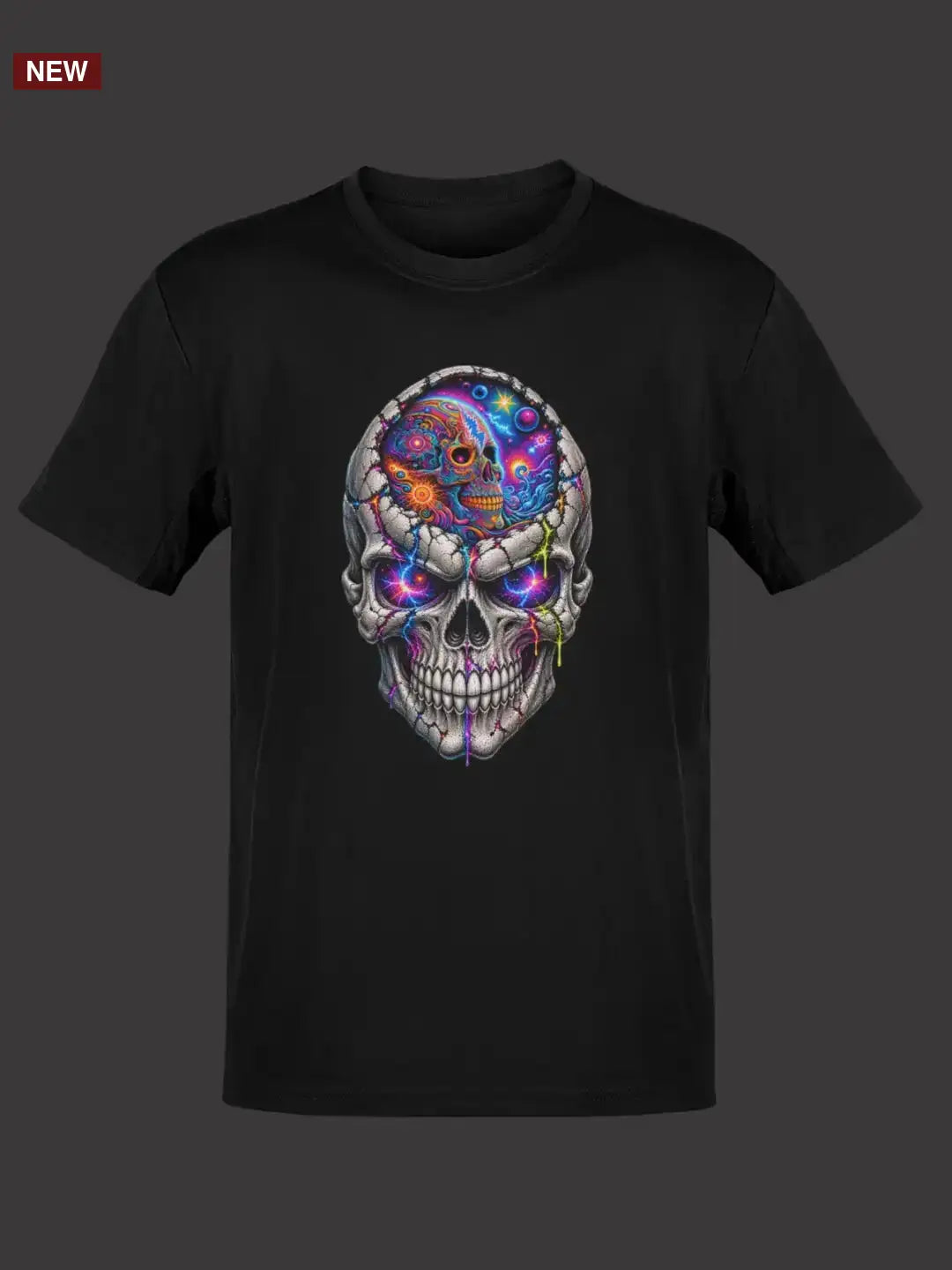 Black t-shirt featuring a vibrant, psychedelic skull design with cosmic patterns and glowing colors