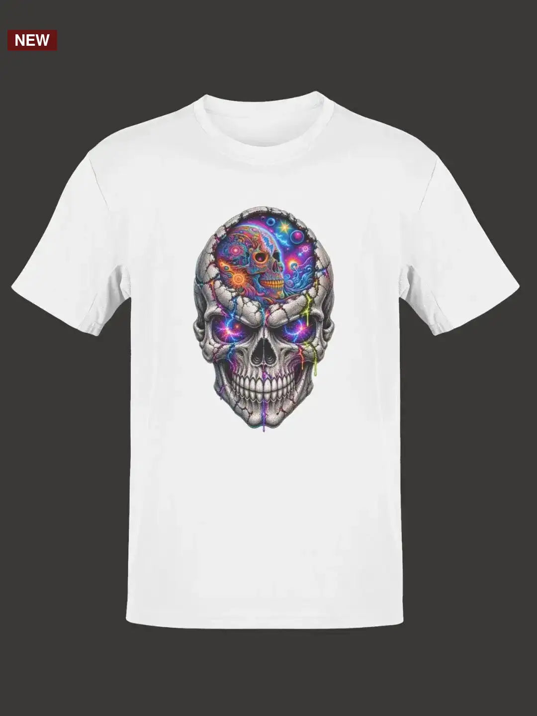 White cotton t-shirt featuring a vibrant, cosmic skull graphic with swirling nebulae and glowing purple and blue hues