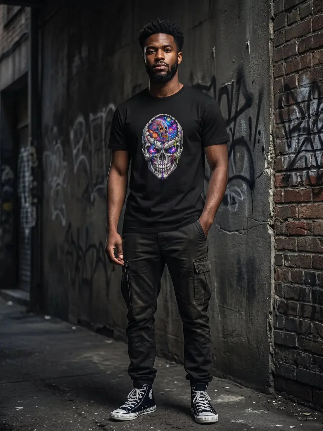 Black t-shirt featuring a vibrant, cosmic skull graphic with purple and blue hues