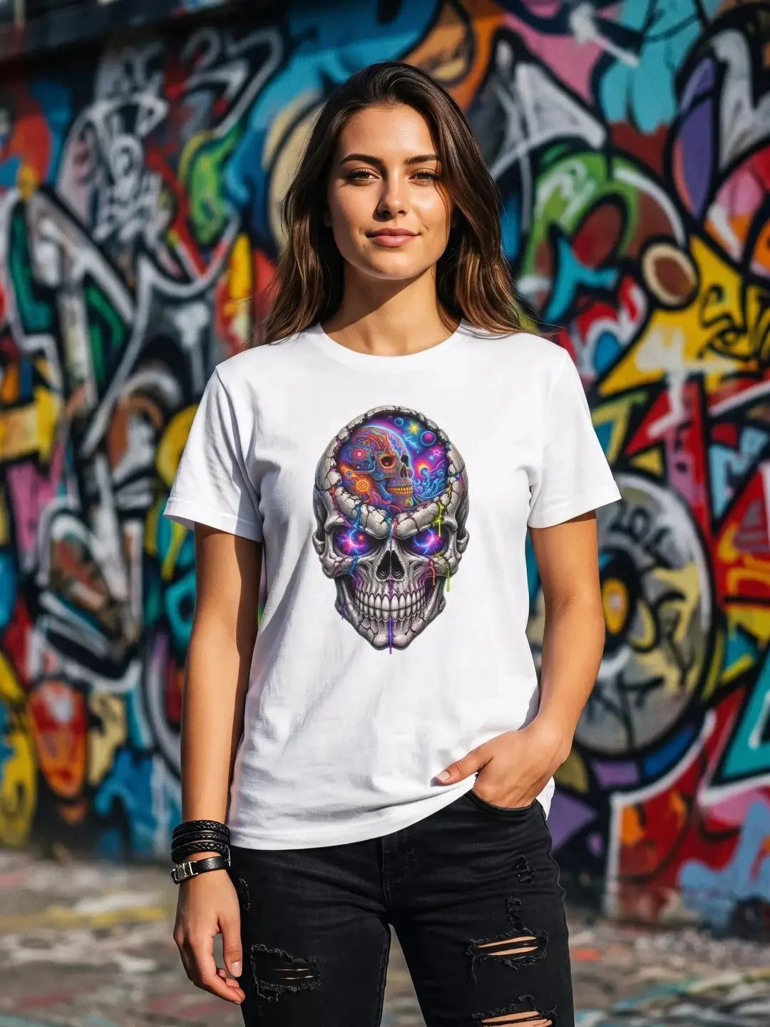 White cotton t-shirt featuring a vibrant, colorful skull design with cosmic and sugar skull motifs