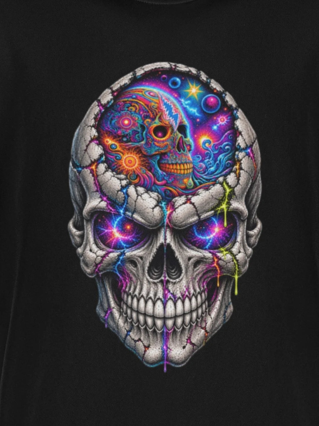 Black t-shirt featuring a vibrant, psychedelic skull design with cosmic patterns and neon-colored splashes