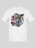 Streetwear graphic design of a rebellious skeleton skater with glowing eyes, wings, and a red checkered skateboard by Mr. Tuanix