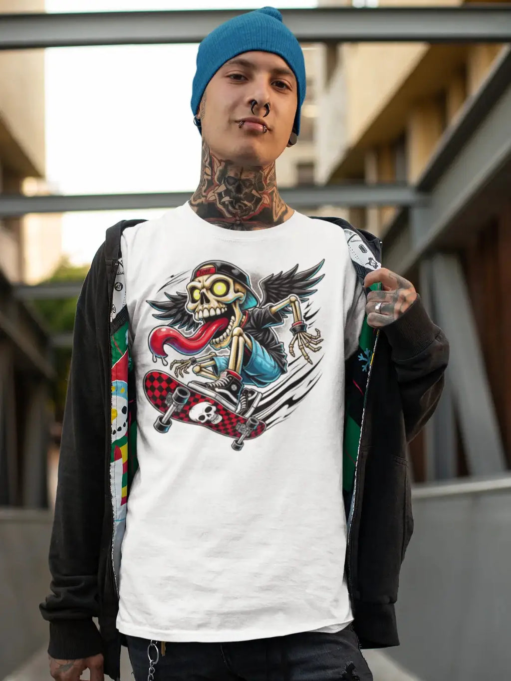White t-shirt with a colorful graphic of a winged skeleton on a skateboard