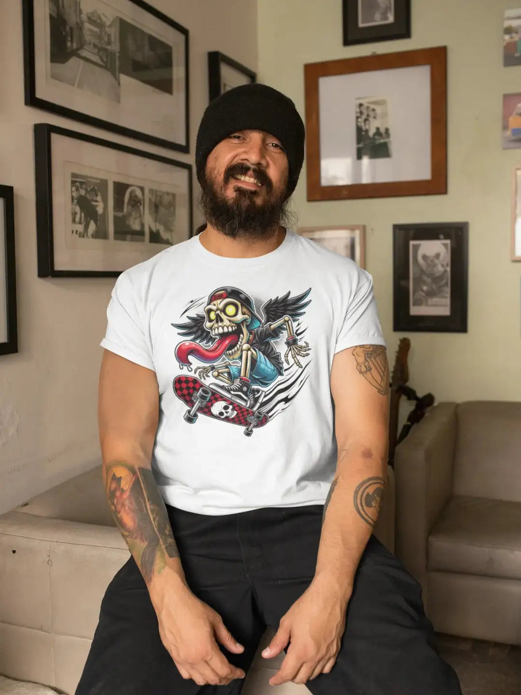 A man with a beard and a black beanie wearing a white t-shirt with a cartoon skeleton on a skateboard