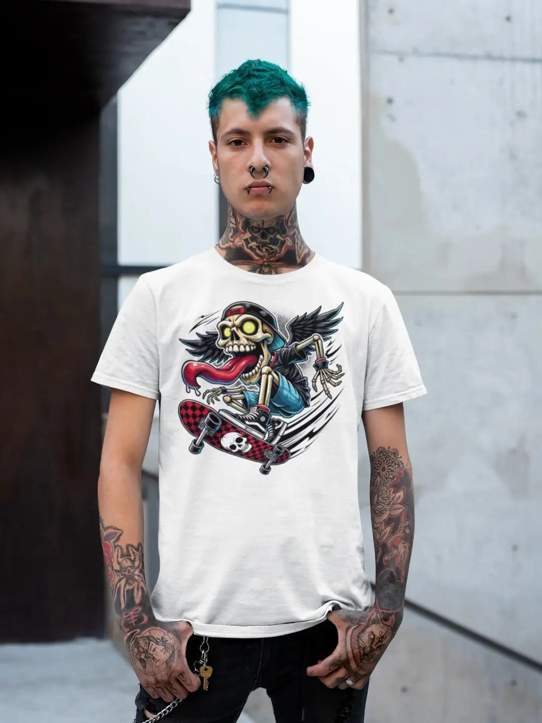 White t-shirt with a colorful graphic of a winged skeleton skateboarding