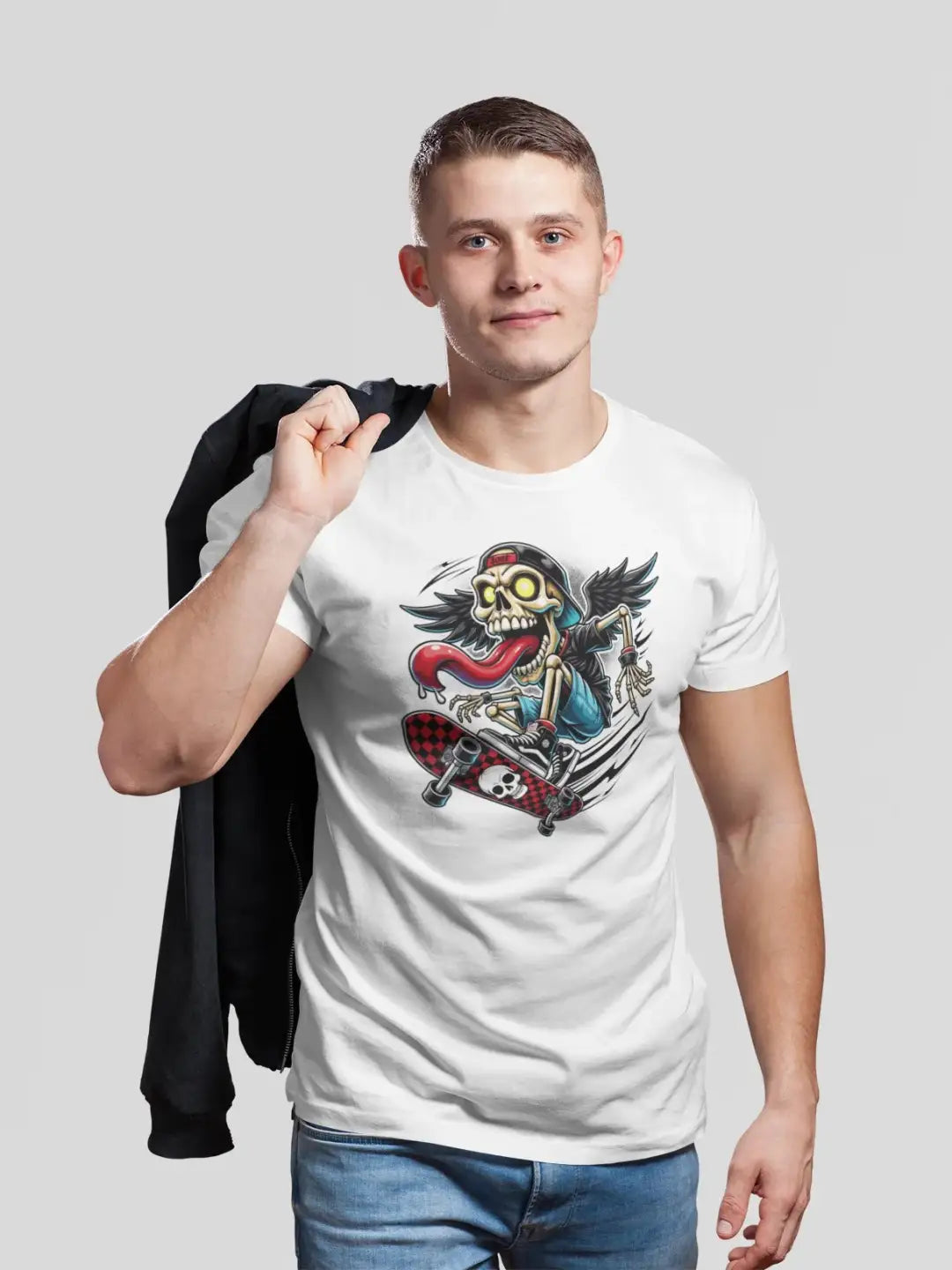 White short-sleeve t-shirt with a skeleton skateboarding graphic