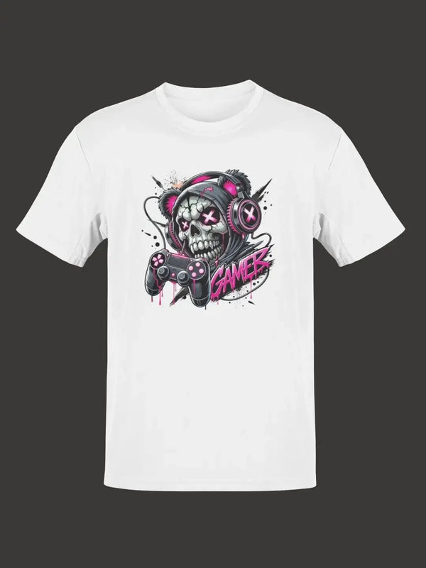 White cotton t-shirt featuring a vibrant graphic of a skull wearing pink headphones and holding a game controller, with the word ’gamer’ in stylized pink lettering