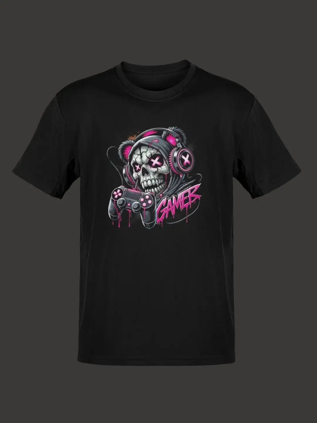 Black cotton t-shirt featuring a vibrant graphic of a skull wearing pink headphones and holding a game controller, with the word ’gamer’ in dripping pink graffiti-style lettering