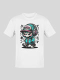 White short-sleeved t-shirt with a cartoon skull character wearing a cap and headphones.