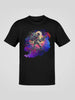 Black crew-neck t-shirt with a colorful graphic print of a skeleton-like robot in a cosmic setting.