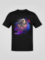 Black crew-neck t-shirt with a colorful graphic print of a skeleton-like robot in a cosmic setting.
