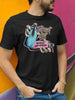 Black short-sleeve t-shirt with a colorful 