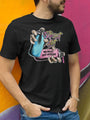 Black short-sleeve t-shirt with a colorful 