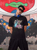 Black short-sleeved t-shirt with a colorful graphic design