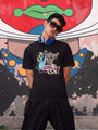 Black short-sleeved t-shirt with a colorful graphic design